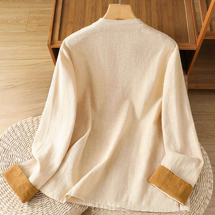 Leinenhemd für Damen mit Buddha Stones , farblich kontrastreichem Design und chinesischen Froschknöpfen, langärmelig - image 8