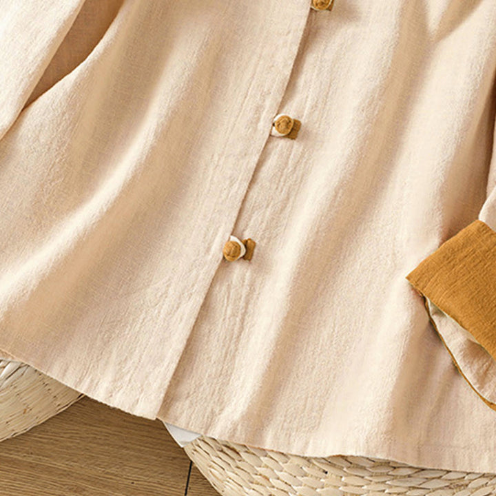Leinenhemd für Damen mit Buddha Stones , farblich kontrastreichem Design und chinesischen Froschknöpfen, langärmelig - image 11