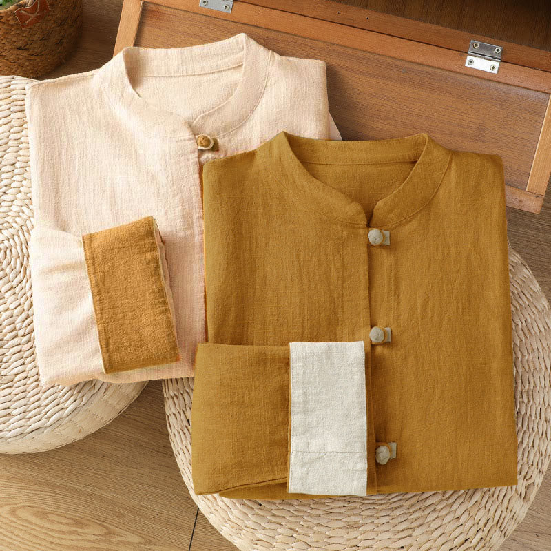 Leinenhemd für Damen mit Buddha Stones , farblich kontrastreichem Design und chinesischen Froschknöpfen, langärmelig - image 18