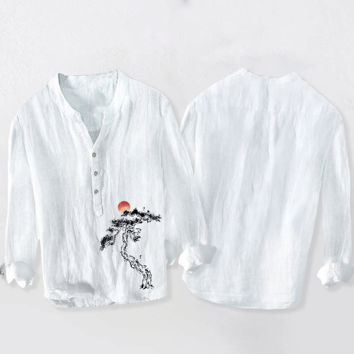 Buddha Stones Kiefernbaum Rotes Sonnenmuster Halbknöpfe Herren Langarmhemd aus Baumwolle und Leinen - image 8