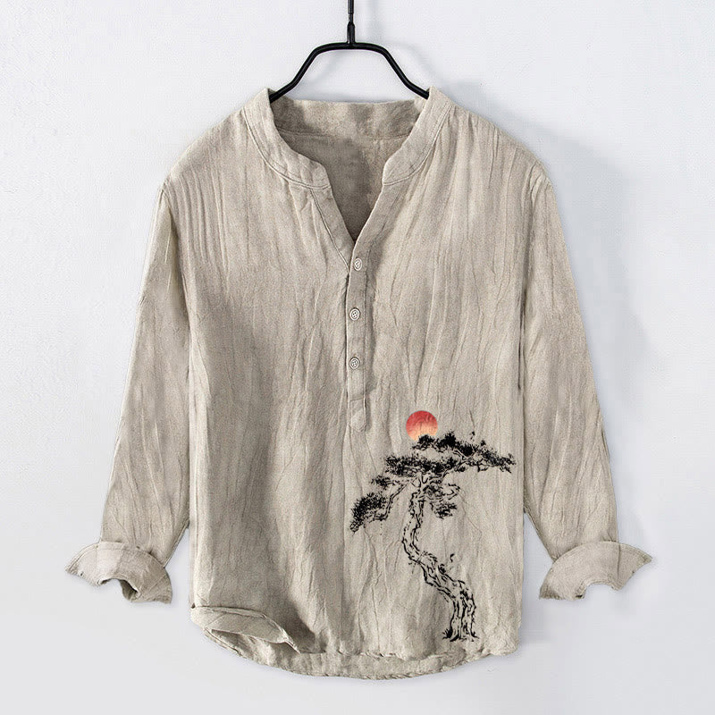 Buddha Stones Kiefernbaum Rotes Sonnenmuster Halbknöpfe Herren Langarmhemd aus Baumwolle und Leinen - Leinen - US/ UK/AU50, EU60 (5XL) - image 0