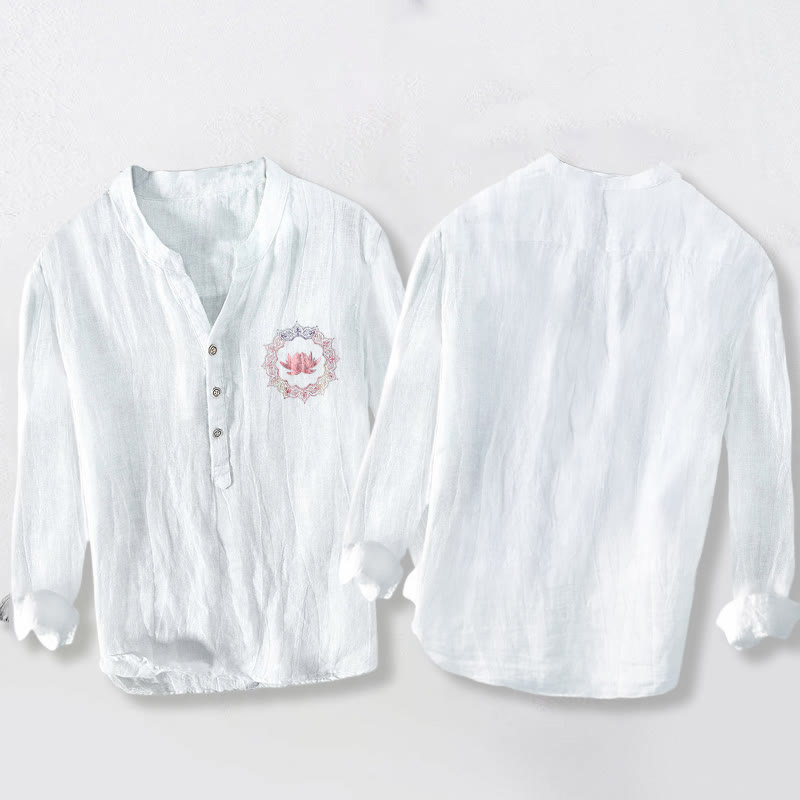 Herren-Langarmhemd aus Baumwoll-Leinen-Mischgewebe mit Buddha Stones -Lotus-Mandala-Muster und halben Knöpfen. - image 2