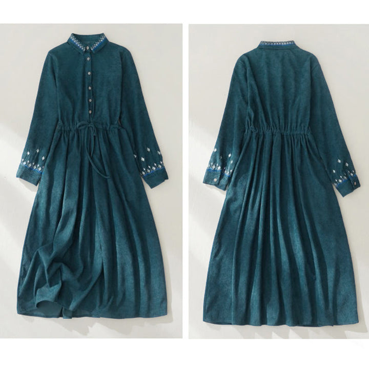 Buddha Stones , besticktes Blumenmuster, Schnürdesign, langärmeliges Midikleid mit Taschen - image 17