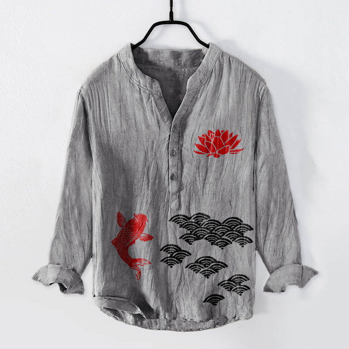 Buddha Stones, Koi-Karpfen, Lotus, Glückswolken, halbe Knöpfe, Herren-Langarmhemd aus Baumwoll-Leinen-Mischgewebe - Grau - US/ UK/AU50, EU60 (5XL) - image 0