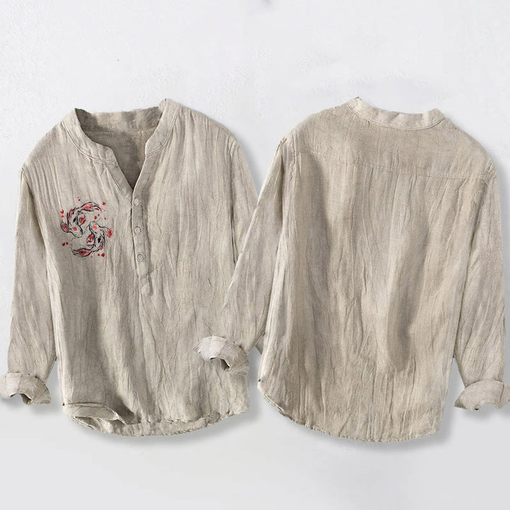Herren-Langarmhemd aus Baumwoll-Leinen-Mischgewebe mit Buddha Stones, Koi-Karpfen-Yin-Yang-Muster und halben Knöpfen. - image 2