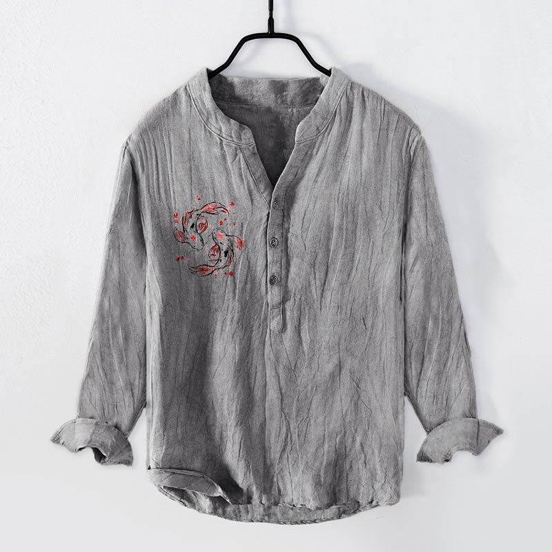 Herren-Langarmhemd aus Baumwoll-Leinen-Mischgewebe mit Buddha Stones, Koi-Karpfen-Yin-Yang-Muster und halben Knöpfen. - Grau - US/ UK/AU50, EU60 (5XL) - image 3