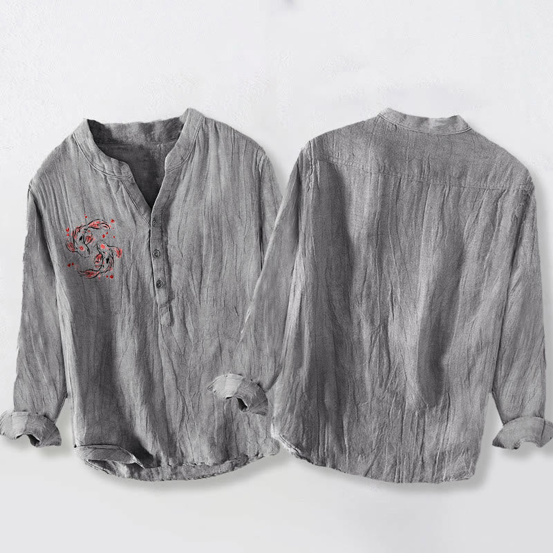 Herren-Langarmhemd aus Baumwoll-Leinen-Mischgewebe mit Buddha Stones, Koi-Karpfen-Yin-Yang-Muster und halben Knöpfen. - image 5