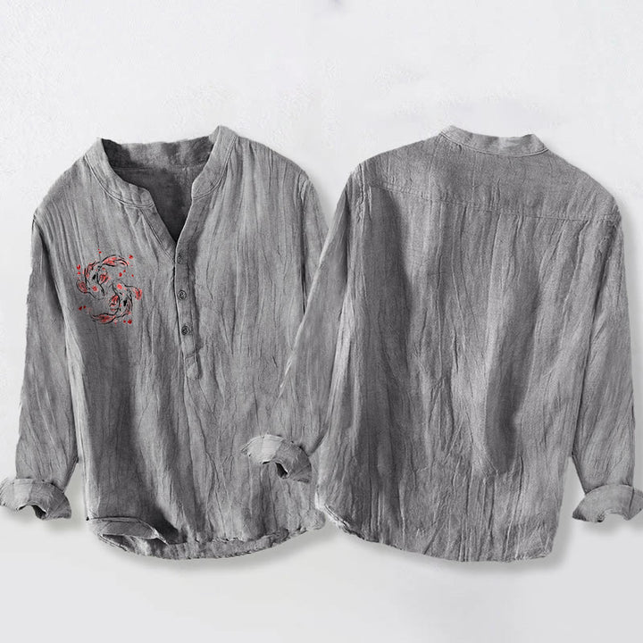 Herren-Langarmhemd aus Baumwoll-Leinen-Mischgewebe mit Buddha Stones, Koi-Karpfen-Yin-Yang-Muster und halben Knöpfen. - image 5