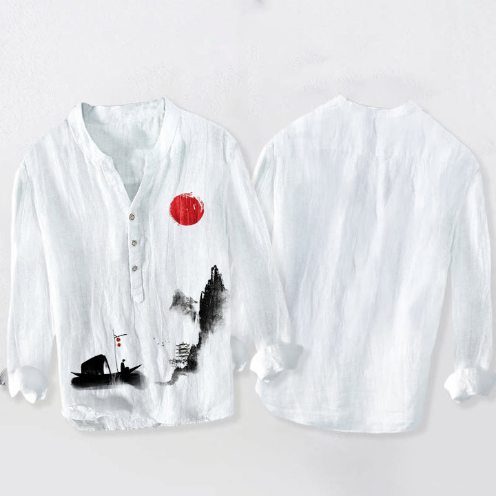 Buddha Stones , Berge, Fischerboot, rote Sonne, halbe Knöpfe, Herren-Langarmhemd aus Baumwoll-Leinen-Mischgewebe - image 2