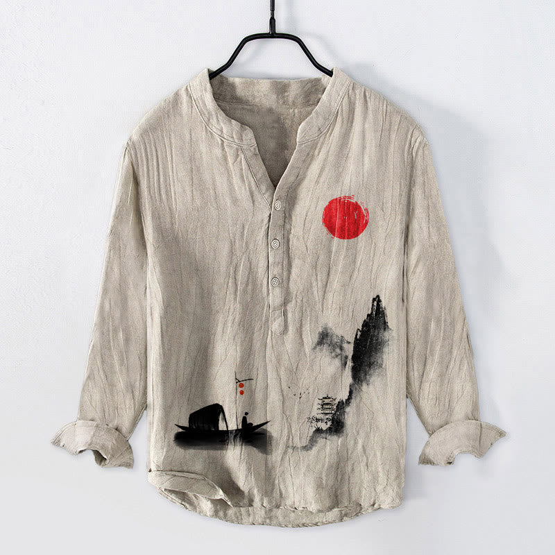 Buddha Stones , Berge, Fischerboot, rote Sonne, halbe Knöpfe, Herren-Langarmhemd aus Baumwoll-Leinen-Mischgewebe - Leinen - US/ UK/AU50, EU60 (5XL) - image 6
