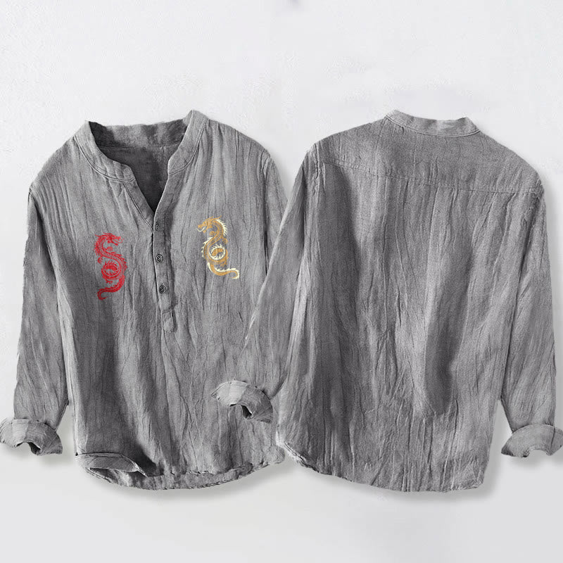 Herren-Langarmhemd aus Baumwoll-Leinen-Mischgewebe mit Buddha Stones und Doppeldrachenmuster sowie halben Knöpfen. - image 2