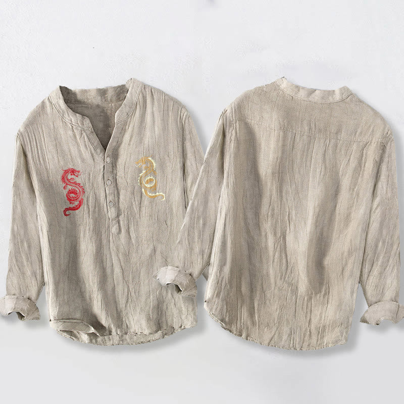 Herren-Langarmhemd aus Baumwoll-Leinen-Mischgewebe mit Buddha Stones und Doppeldrachenmuster sowie halben Knöpfen. - image 8