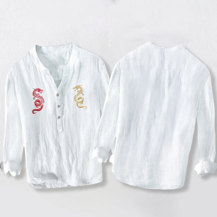 Herren-Langarmhemd aus Baumwoll-Leinen-Mischgewebe mit Buddha Stones und Doppeldrachenmuster sowie halben Knöpfen. - image 5