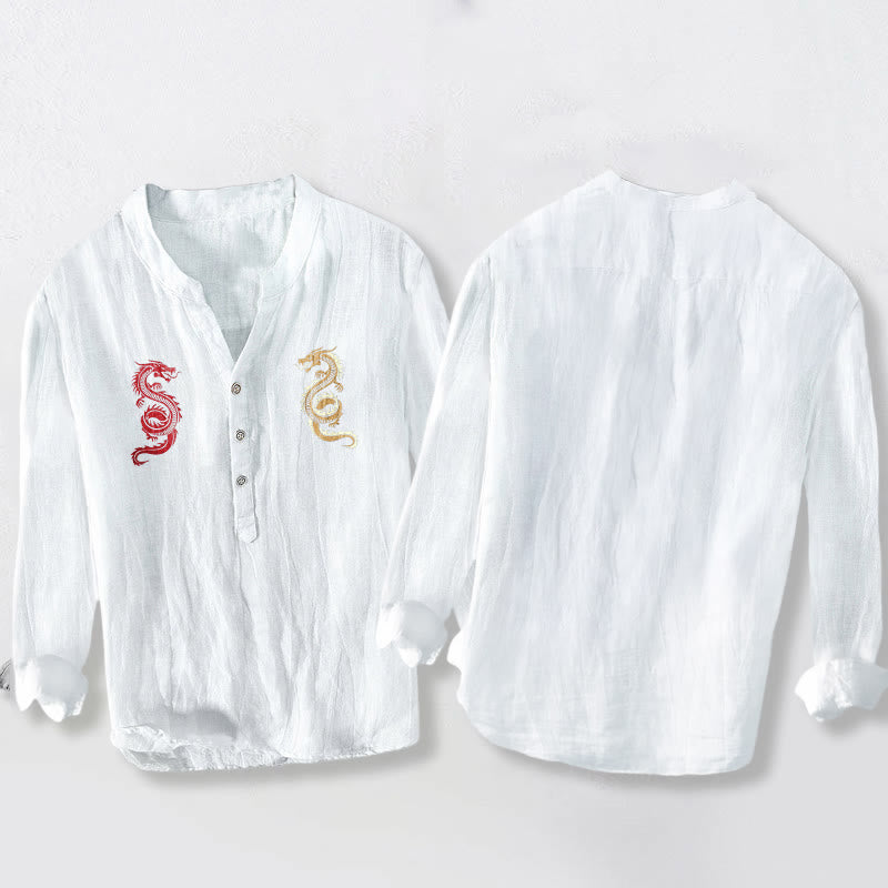 Herren-Langarmhemd aus Baumwoll-Leinen-Mischgewebe mit Buddha Stones und Doppeldrachenmuster sowie halben Knöpfen. - image 5