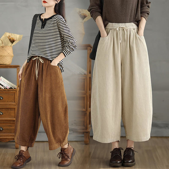 Buddha Stones Damen Cordhose mit kontrastfarbenem Kordelzug und Taschen - image 11