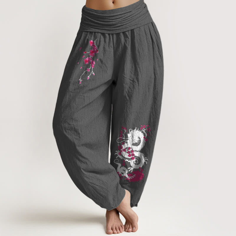 Buddha Stones Haremshose aus Baumwolle mit Drachen- und Kirschblütenmuster, elastischem Bund für Damen. - DimGray - US16, UK/AU20, EU48 (3XL) - image 0
