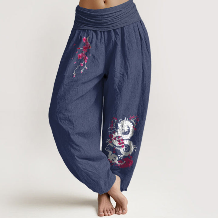 Buddha Stones Haremshose aus Baumwolle mit Drachen- und Kirschblütenmuster, elastischem Bund für Damen. - Dunkelschieferblau - US16, UK/AU20, EU48 (3XL) - image 14