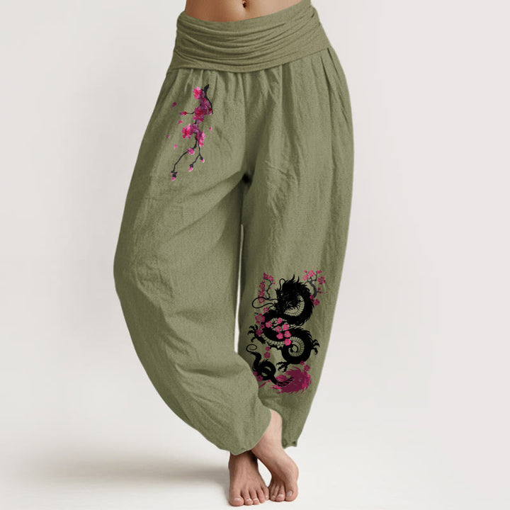 Buddha Stones Haremshose aus Baumwolle mit Drachen- und Kirschblütenmuster, elastischem Bund für Damen. - Olivgrün - US16, UK/AU20, EU48 (3XL) - image 8