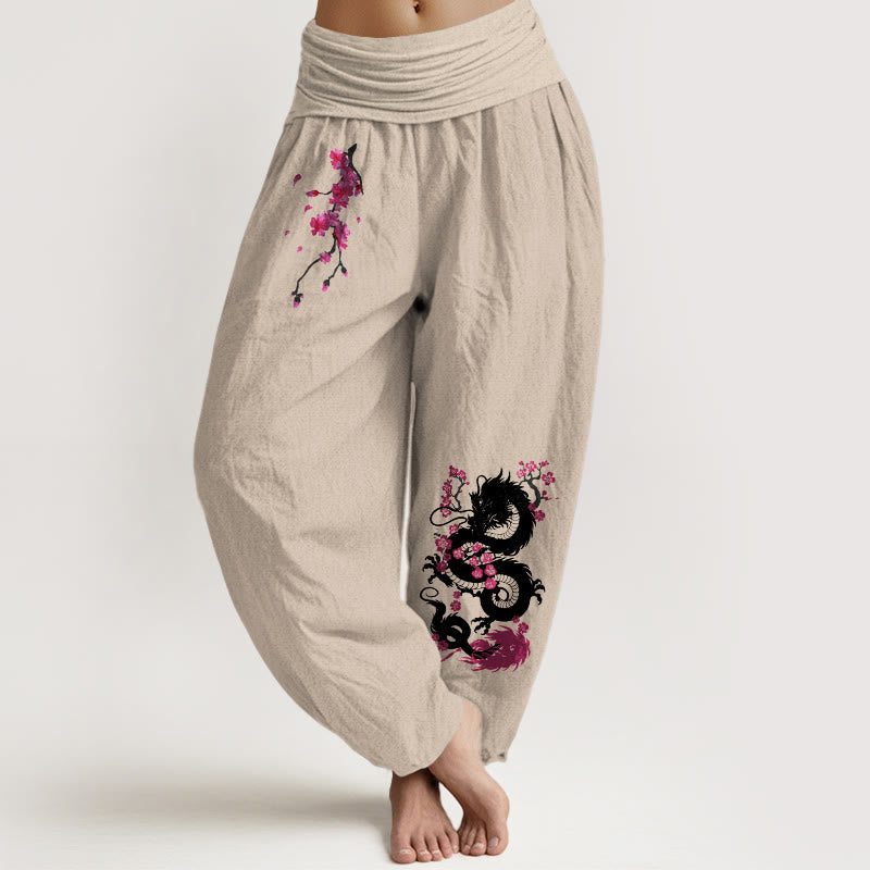 Buddha Stones Haremshose aus Baumwolle mit Drachen- und Kirschblütenmuster, elastischem Bund für Damen. - Bräunen - US16, UK/AU20, EU48 (3XL) - image 5