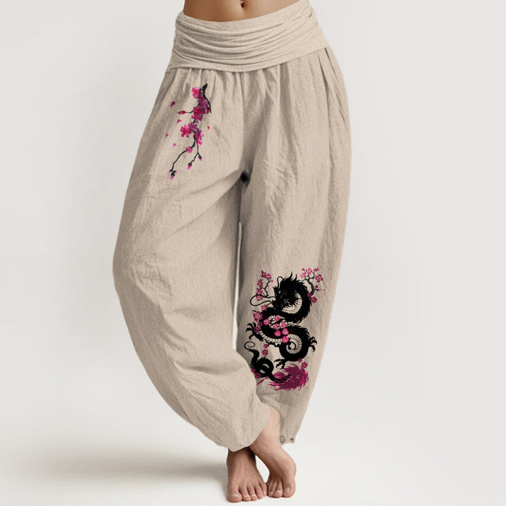 Buddha Stones Haremshose aus Baumwolle mit Drachen- und Kirschblütenmuster, elastischem Bund für Damen. - Bräunen - US16, UK/AU20, EU48 (3XL) - image 5
