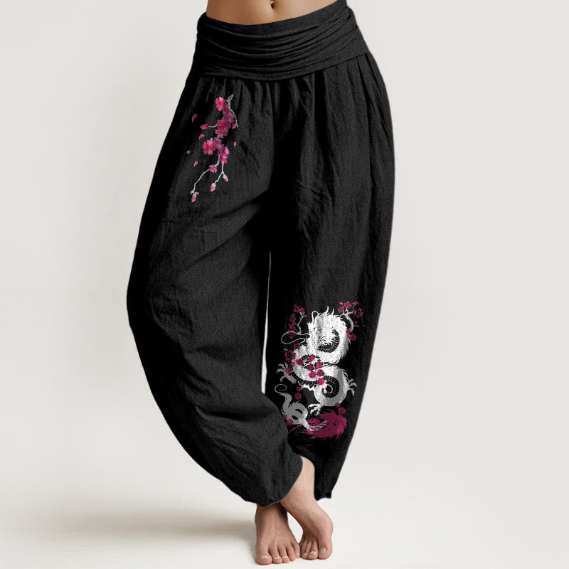 Buddha Stones Haremshose aus Baumwolle mit Drachen- und Kirschblütenmuster, elastischem Bund für Damen. - Schwarz - US16, UK/AU20, EU48 (3XL) - image 11