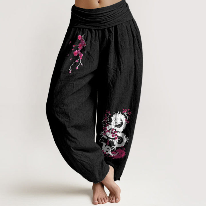 Buddha Stones Haremshose aus Baumwolle mit Drachen- und Kirschblütenmuster, elastischem Bund für Damen. - Schwarz - US16, UK/AU20, EU48 (3XL) - image 11