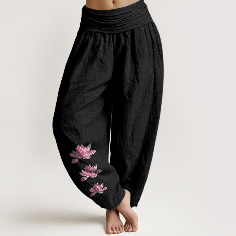 Buddha Stones Lässige Haremshose mit Lotusmuster aus reiner Baumwolle, Damen, elastischer Bund - Schwarz - US16, UK/AU20, EU48 (3XL) - image 11