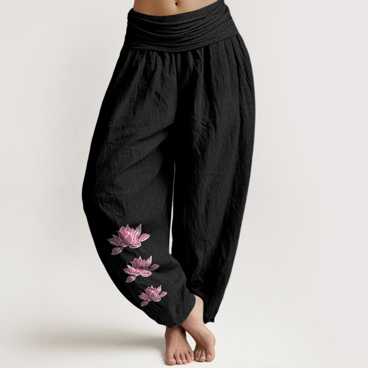 Buddha Stones Lässige Haremshose mit Lotusmuster aus reiner Baumwolle, Damen, elastischer Bund - Schwarz - US16, UK/AU20, EU48 (3XL) - image 11