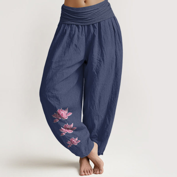 Buddha Stones Lässige Haremshose mit Lotusmuster aus reiner Baumwolle, Damen, elastischer Bund - Dunkelschieferblau - US16, UK/AU20, EU48 (3XL) - image 14