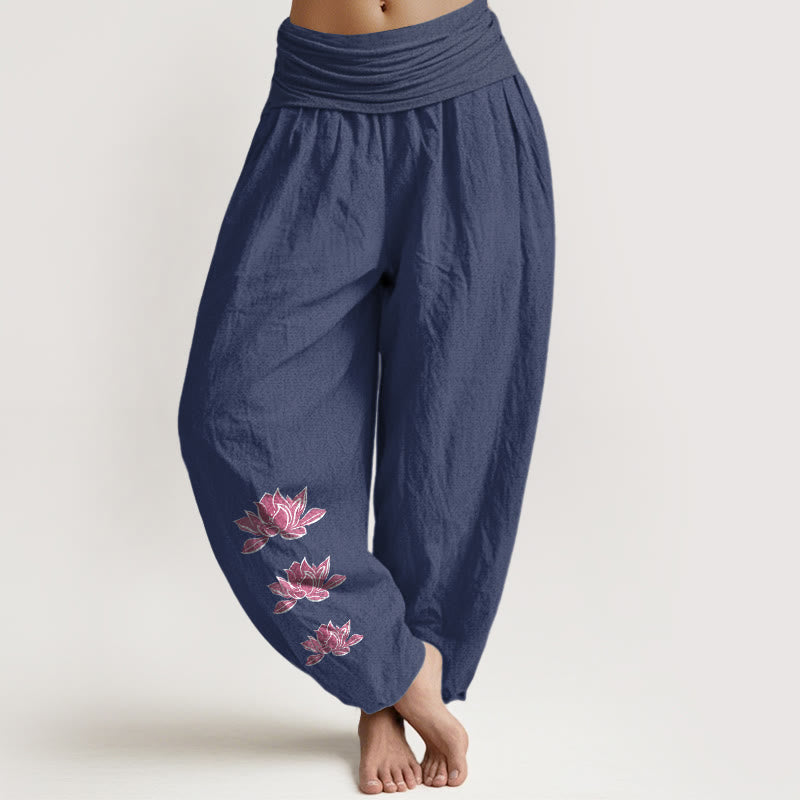 Buddha Stones Lässige Haremshose mit Lotusmuster aus reiner Baumwolle, Damen, elastischer Bund - Dunkelschieferblau - US16, UK/AU20, EU48 (3XL) - image 14