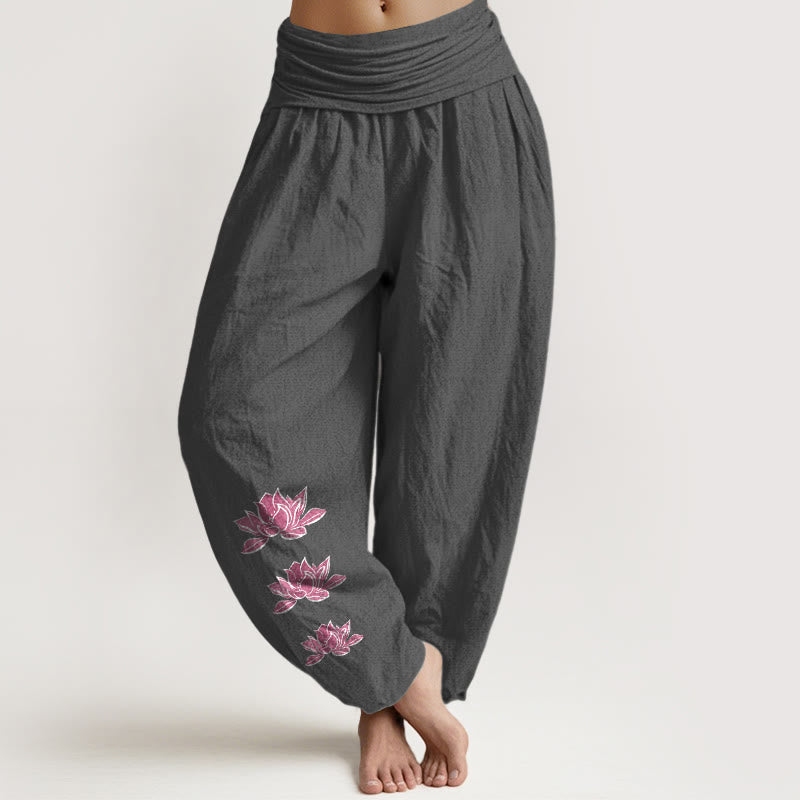 Buddha Stones Lässige Haremshose mit Lotusmuster aus reiner Baumwolle, Damen, elastischer Bund - DimGray - US16, UK/AU20, EU48 (3XL) - image 0