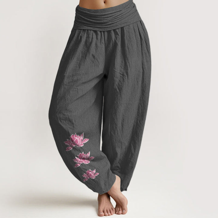 Buddha Stones Lässige Haremshose mit Lotusmuster aus reiner Baumwolle, Damen, elastischer Bund - DimGray - US16, UK/AU20, EU48 (3XL) - image 0