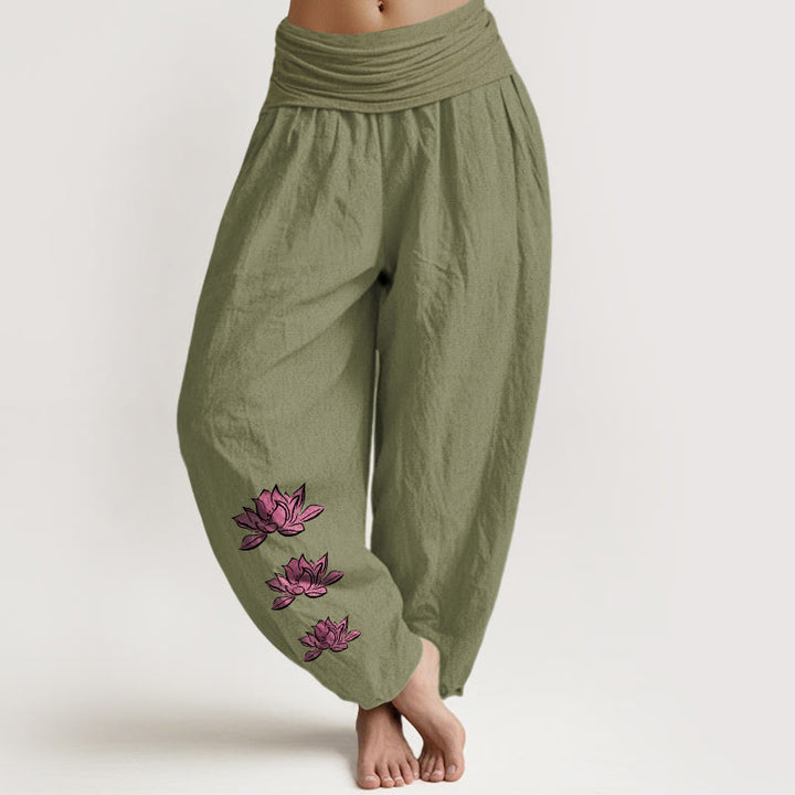 Buddha Stones Lässige Haremshose mit Lotusmuster aus reiner Baumwolle, Damen, elastischer Bund - Olivgrün - US16, UK/AU20, EU48 (3XL) - image 8