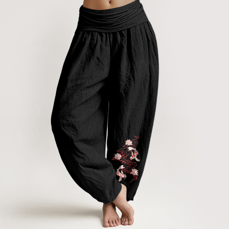 Buddha Stones Damen-Haremshose aus reiner Baumwolle mit Lotus-Koi-Flussmuster und elastischem Bund - Schwarz - US16, UK/AU20, EU48 (3XL) - image 0