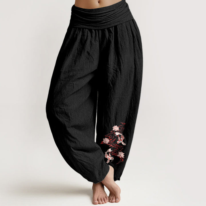 Buddha Stones Damen-Haremshose aus reiner Baumwolle mit Lotus-Koi-Flussmuster und elastischem Bund - Schwarz - US16, UK/AU20, EU48 (3XL) - image 0