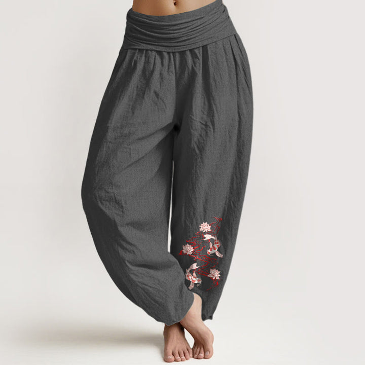 Buddha Stones Damen-Haremshose aus reiner Baumwolle mit Lotus-Koi-Flussmuster und elastischem Bund - DimGray - US16, UK/AU20, EU48 (3XL) - image 8