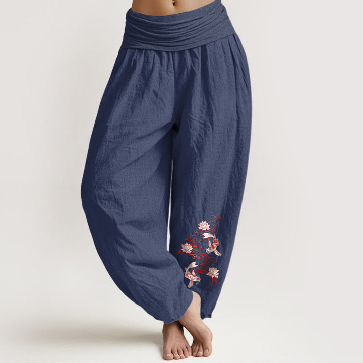 Buddha Stones Damen-Haremshose aus reiner Baumwolle mit Lotus-Koi-Flussmuster und elastischem Bund - Dunkelschieferblau - US16, UK/AU20, EU48 (3XL) - image 5