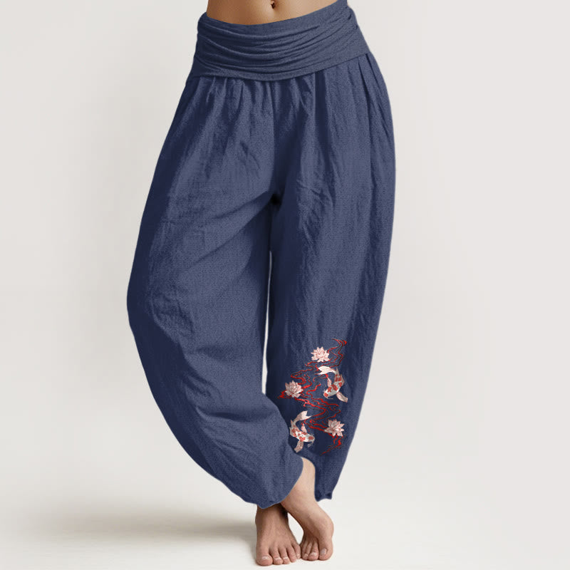 Buddha Stones Damen-Haremshose aus reiner Baumwolle mit Lotus-Koi-Flussmuster und elastischem Bund - Dunkelschieferblau - US16, UK/AU20, EU48 (3XL) - image 5