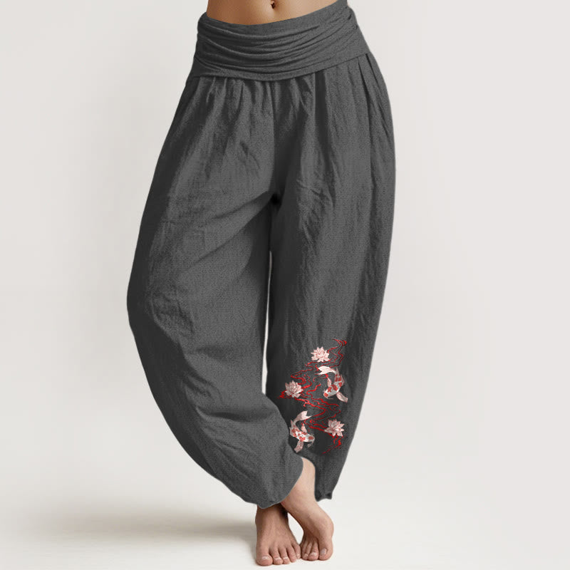Buddha Stones Damen-Haremshose aus reiner Baumwolle mit Lotus-Koi-Flussmuster und elastischem Bund - DimGray - US16, UK/AU20, EU48 (3XL) - image 8