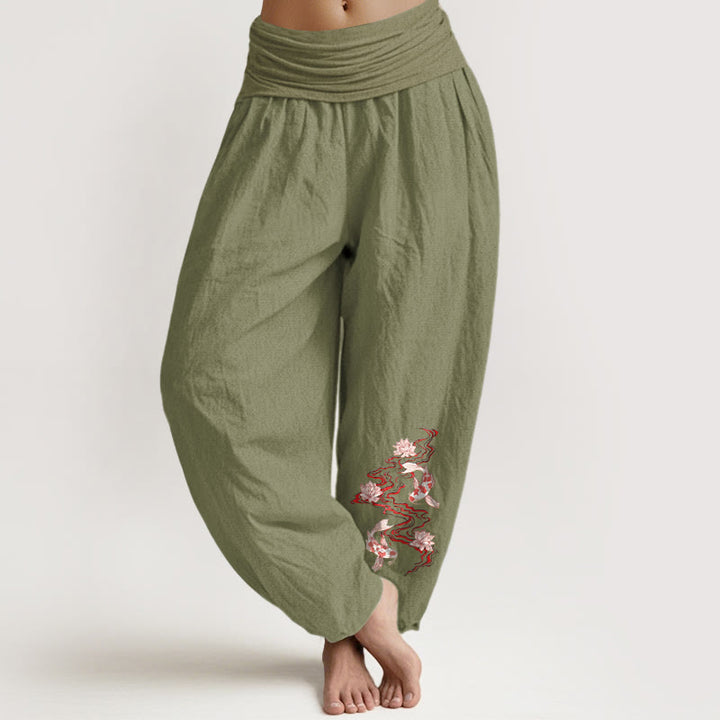 Buddha Stones Damen-Haremshose aus reiner Baumwolle mit Lotus-Koi-Flussmuster und elastischem Bund - Olivgrün - US16, UK/AU20, EU48 (3XL) - image 14
