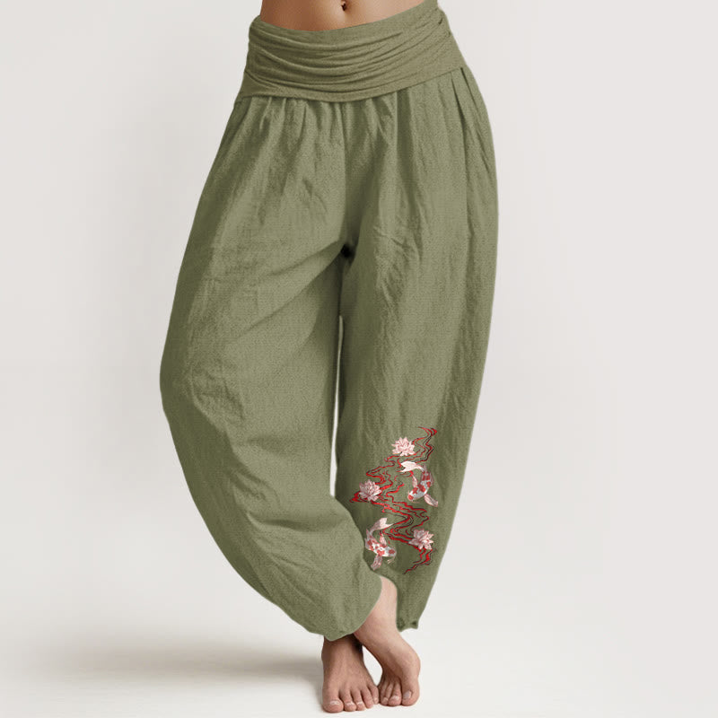 Buddha Stones Damen-Haremshose aus reiner Baumwolle mit Lotus-Koi-Flussmuster und elastischem Bund - Olivgrün - US16, UK/AU20, EU48 (3XL) - image 14