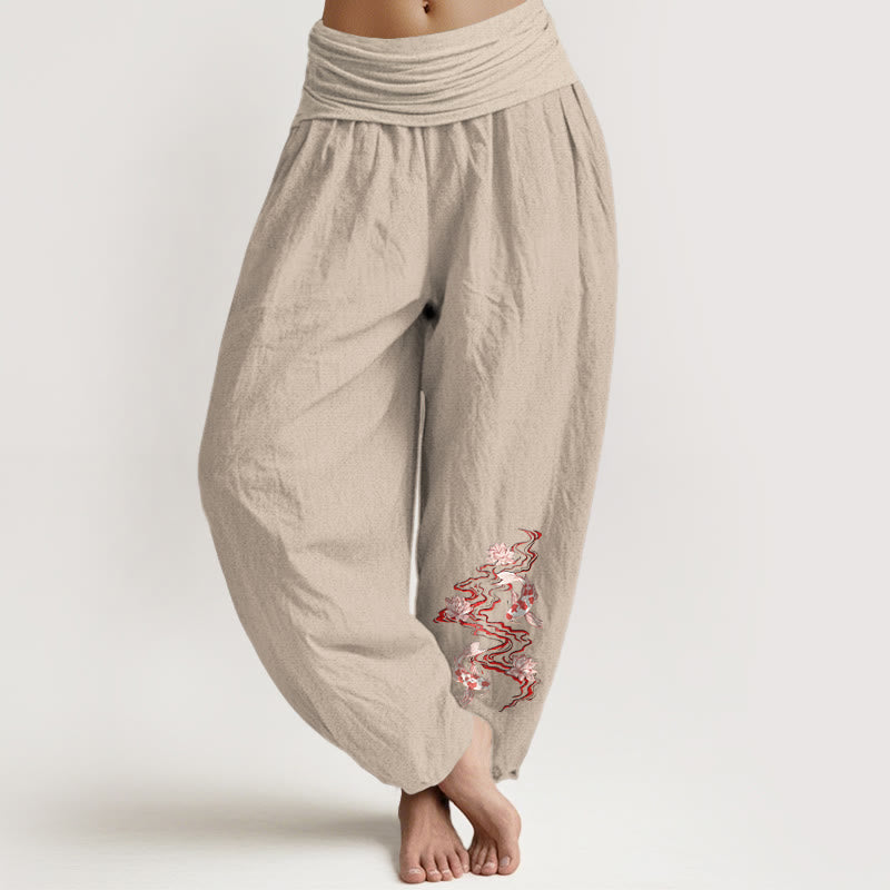 Buddha Stones Damen-Haremshose aus reiner Baumwolle mit Lotus-Koi-Flussmuster und elastischem Bund - Bräunen - US16, UK/AU20, EU48 (3XL) - image 11