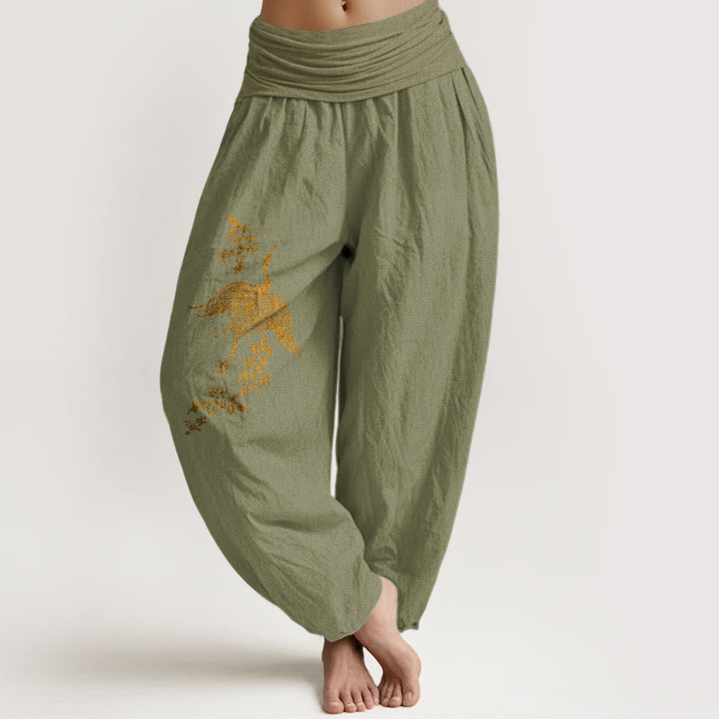 Buddha Stones Haremshose aus Baumwolle mit Kranich-, Blumen- und Blättermuster, elastischem Bund für Damen. - Olivgrün - US16, UK/AU20, EU48 (3XL) - image 14