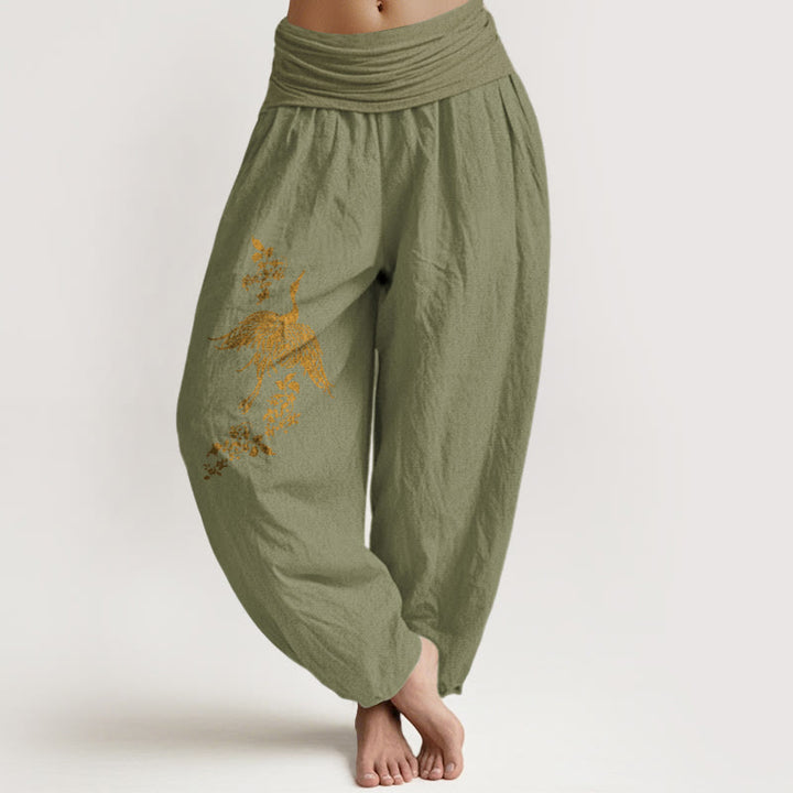 Buddha Stones Haremshose aus Baumwolle mit Kranich-, Blumen- und Blättermuster, elastischem Bund für Damen. - Olivgrün - US16, UK/AU20, EU48 (3XL) - image 14