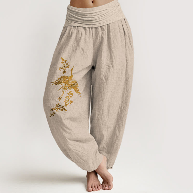 Buddha Stones Haremshose aus Baumwolle mit Kranich-, Blumen- und Blättermuster, elastischem Bund für Damen. - Bräunen - US16, UK/AU20, EU48 (3XL) - image 11