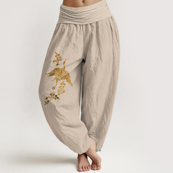 Buddha Stones Haremshose aus Baumwolle mit Kranich-, Blumen- und Blättermuster, elastischem Bund für Damen. - Bräunen - US16, UK/AU20, EU48 (3XL) - image 11