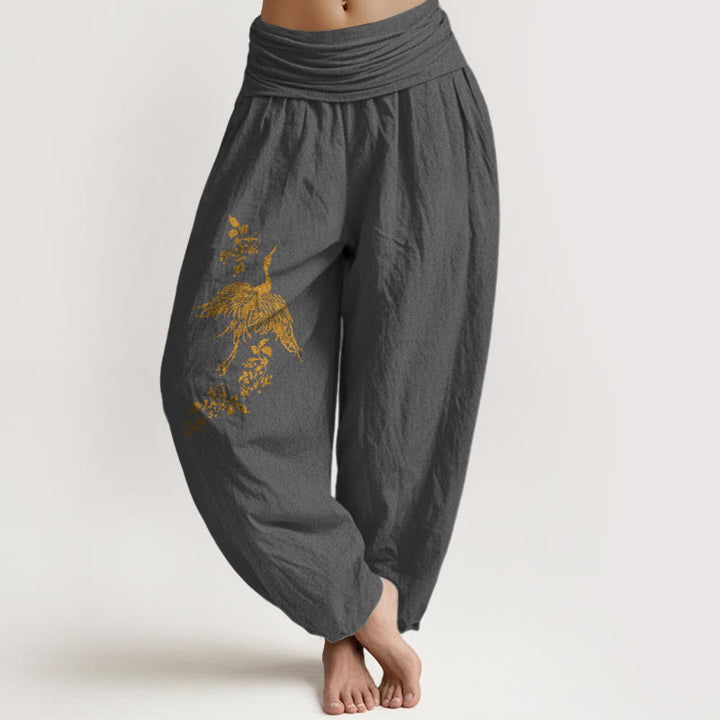 Buddha Stones Haremshose aus Baumwolle mit Kranich-, Blumen- und Blättermuster, elastischem Bund für Damen. - DimGray - US16, UK/AU20, EU48 (3XL) - image 8