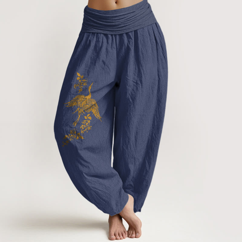 Buddha Stones Haremshose aus Baumwolle mit Kranich-, Blumen- und Blättermuster, elastischem Bund für Damen. - Dunkelschieferblau - US16, UK/AU20, EU48 (3XL) - image 5