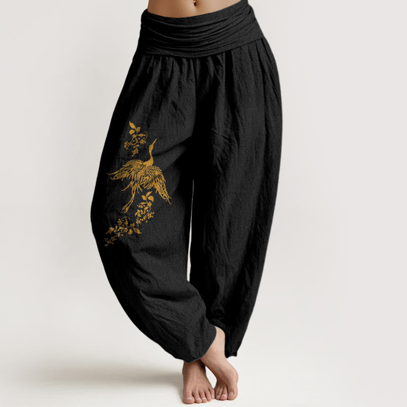 Buddha Stones Haremshose aus Baumwolle mit Kranich-, Blumen- und Blättermuster, elastischem Bund für Damen. - Schwarz - US16, UK/AU20, EU48 (3XL) - image 0