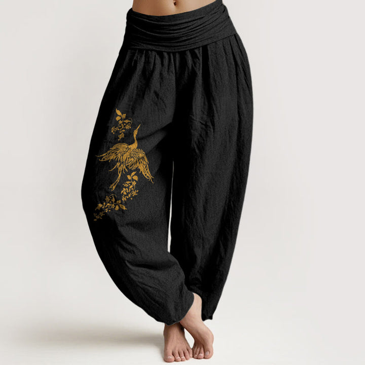 Buddha Stones Haremshose aus Baumwolle mit Kranich-, Blumen- und Blättermuster, elastischem Bund für Damen. - Schwarz - US16, UK/AU20, EU48 (3XL) - image 0